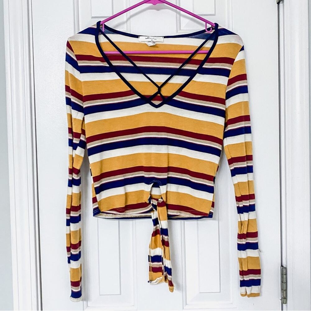 GAZE • Mustard Gold Striped Long Sleeve Cropped Tie Top